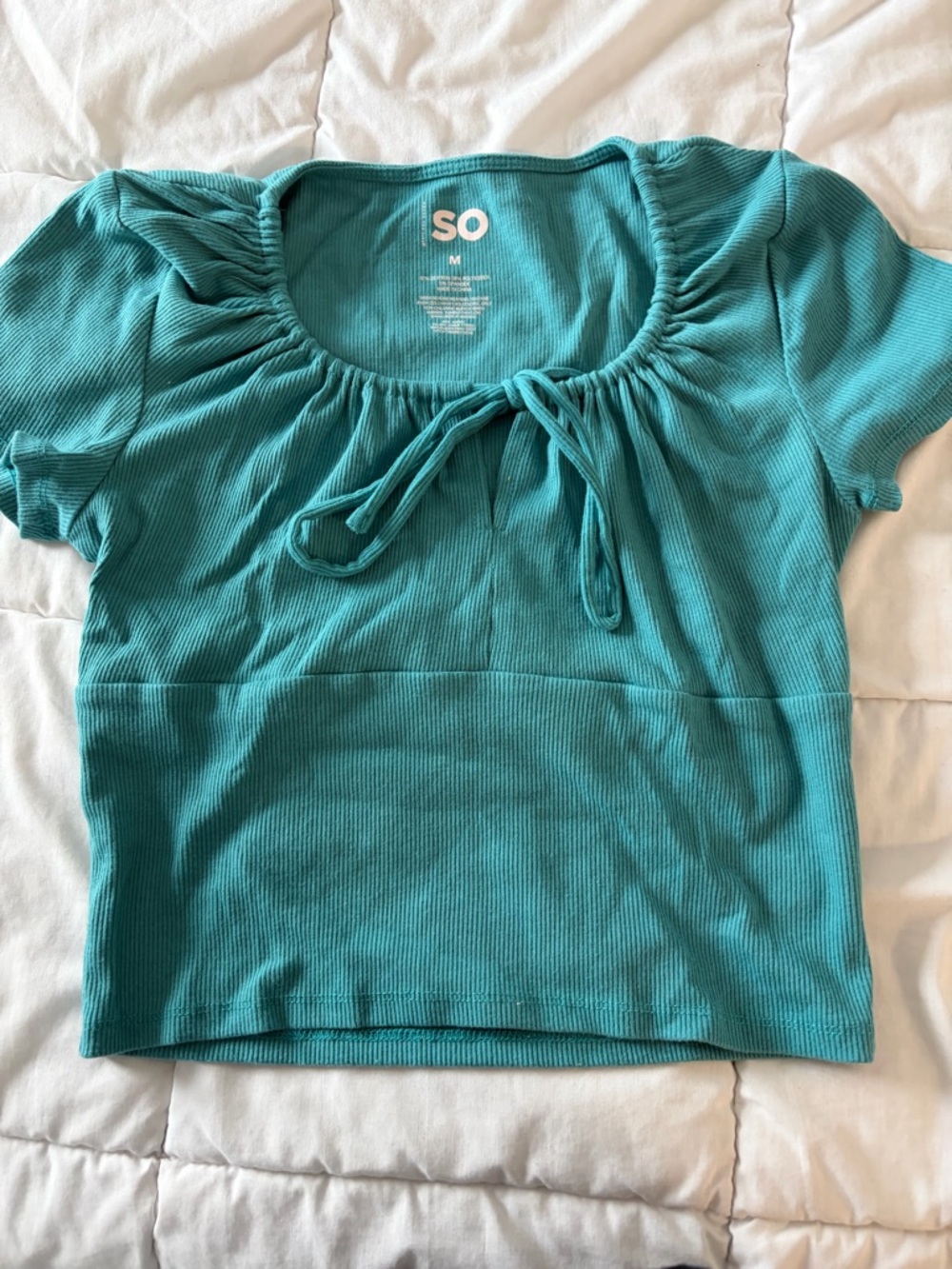 SO Teal Ribbed Tie-Front Crop Top